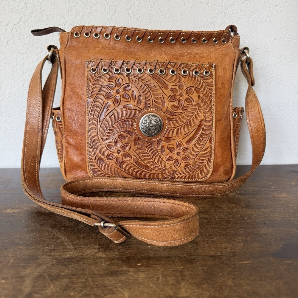 American West Harvest Moon Tooled Leather Crossbody Bag Purse Brown Concho VTG